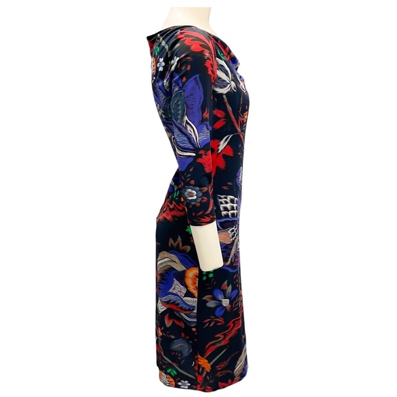 ROBERTO CAVALLI NAVY MULTI FLORAL STRETCH JERSEY MIDI COCKTAIL DRESS - Picture 2 of 5